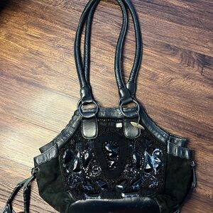 Mary Frances beaded embellished bag black leather sequins tassels hobo purse